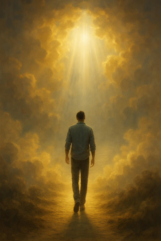 Homem caminhando em direção à luz divina – imagem para o post Explorando o Sobrenatural de Deu
