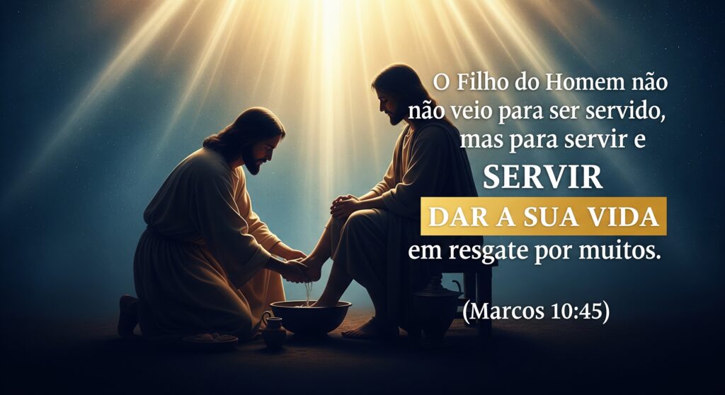 Banner cristão com Jesus servindo, ilustrando o equilíbrio entre poder e provisão no Reino de Deus, com base no versículo de Marcos 10:45