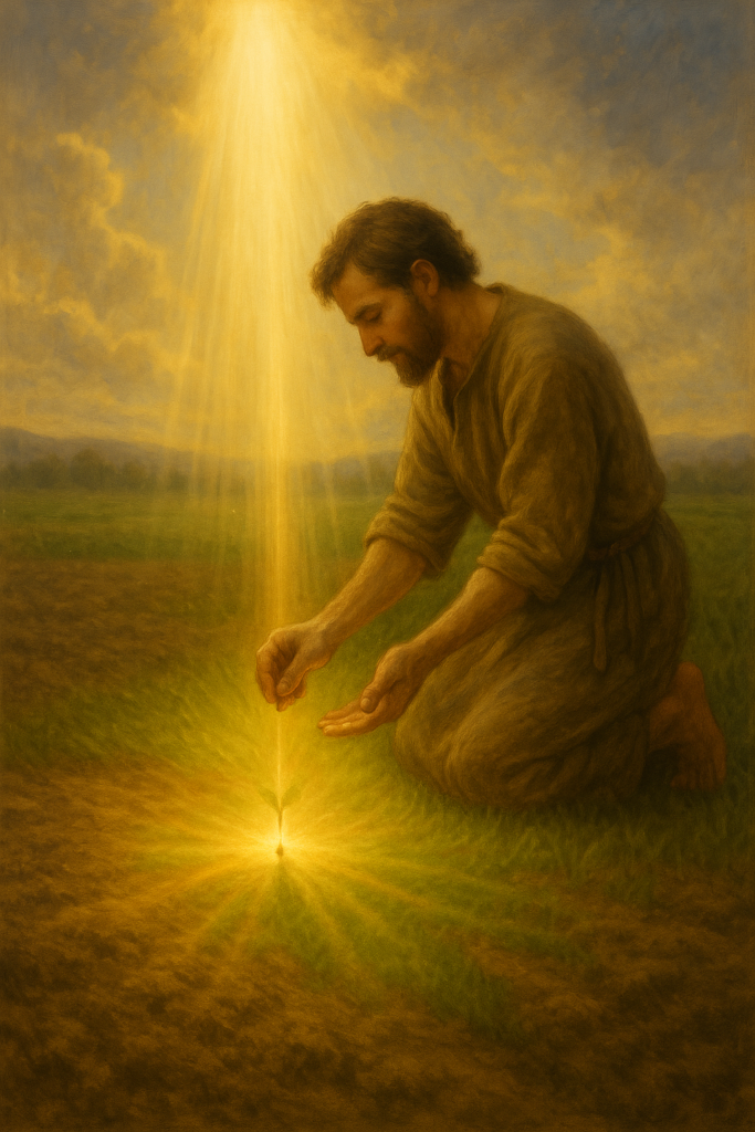 homem recebendo luz divina ao semear, simbolizando a transformação pelo poder da semeadura no Reino de Deus.