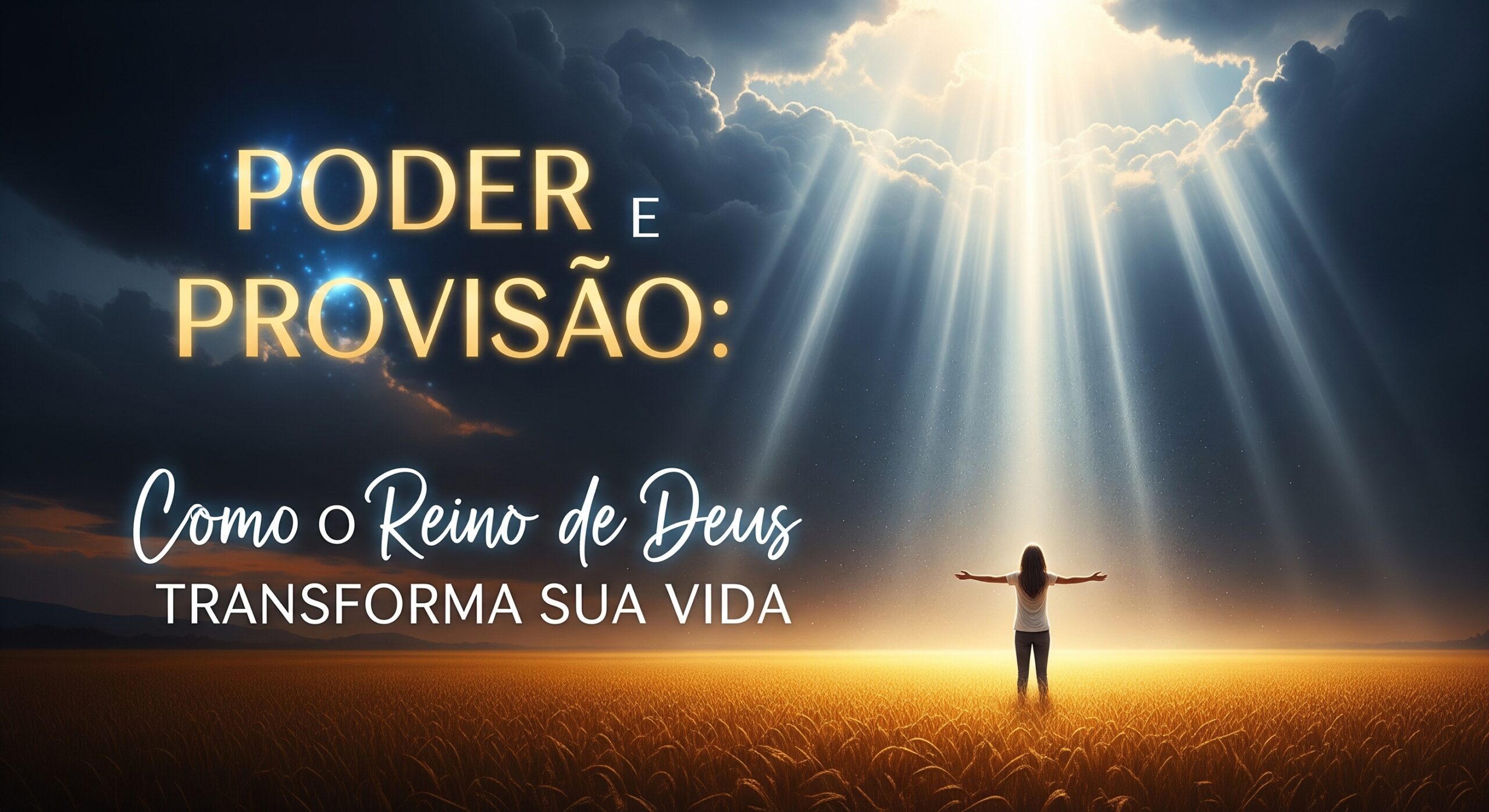 Luz celestial sobre pessoa em campo dourado, representando o poder e a provisão de Deus. Capa do post “Poder e Provisão: Como o Reino de Deus Transforma Sua Vida”