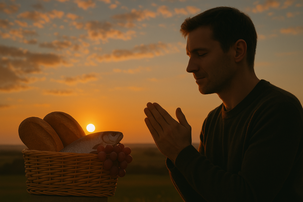 Homem orando ao pôr do sol com as mãos erguidas, ao lado de uma cesta contendo pão, peixe e uvas, simbolizando o poder e provisão divina.