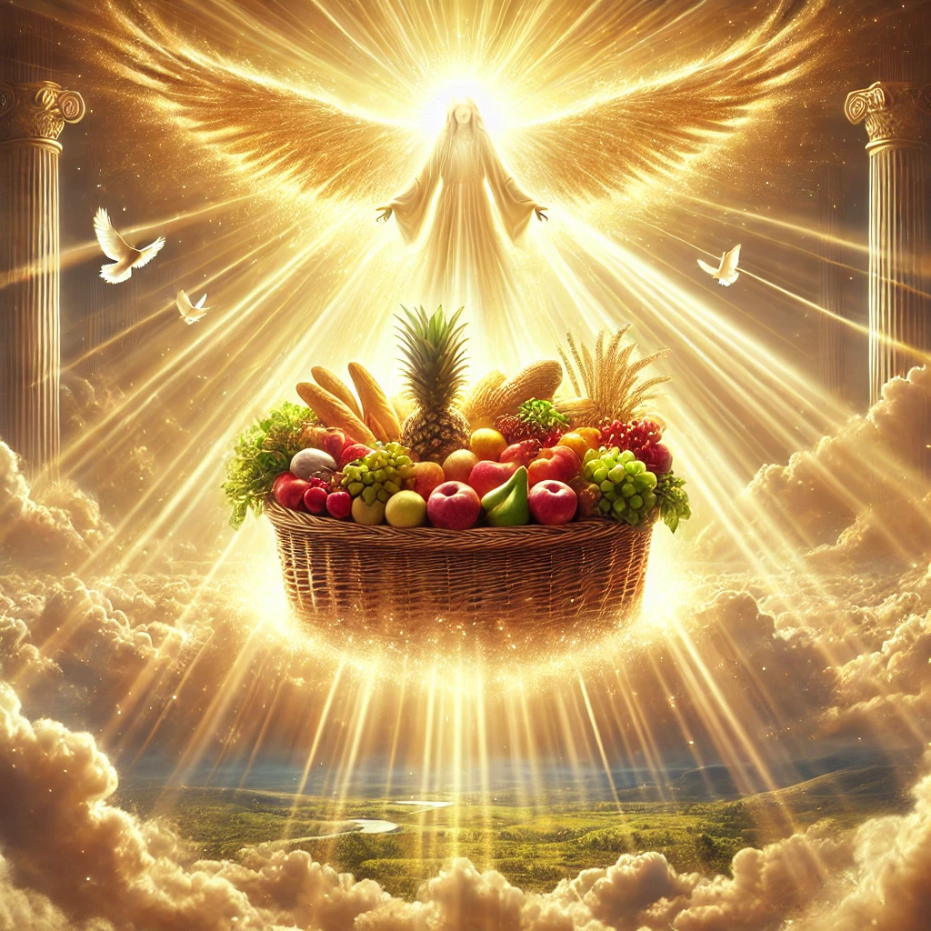 A Abundância Celestial Liberada pela Semeadura no Reino de Deus Anjo celestial radiante abençoando uma cesta repleta de frutas e pães, representando a abundância divina sobre nuvens douradas. representando a semeadura que rompe a mentalidade de escassez