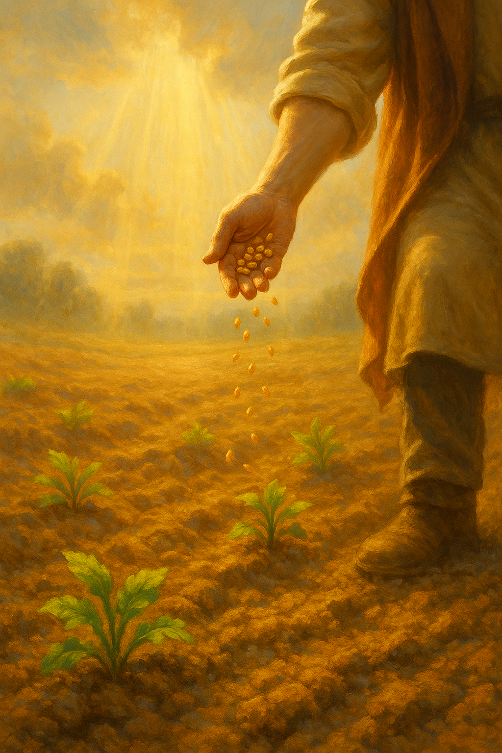 Mão semeando sementes douradas em solo seco, com plantas brotando e luz do céu ao fundo, simbolizando a fé que rompe a escassez através da semeadura e ativa a colheita no Reino de Deus