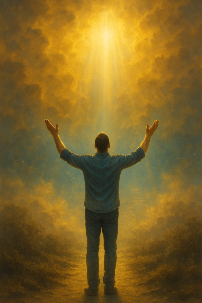 Homem com os braços erguidos ao céu em meio à luz dourada e atmosfera celestial, simbolizando fé, autoridade espiritual e o tempo da preparação no Reino de Deus