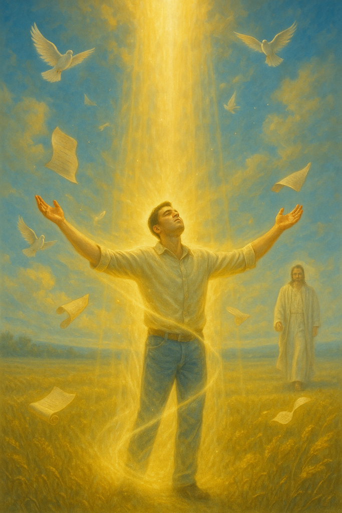 Homem rendido sob luz celestial, com Jesus ao fundo e pombas voando, representando o sobrenatural de Deus como nova vida para o cristão.