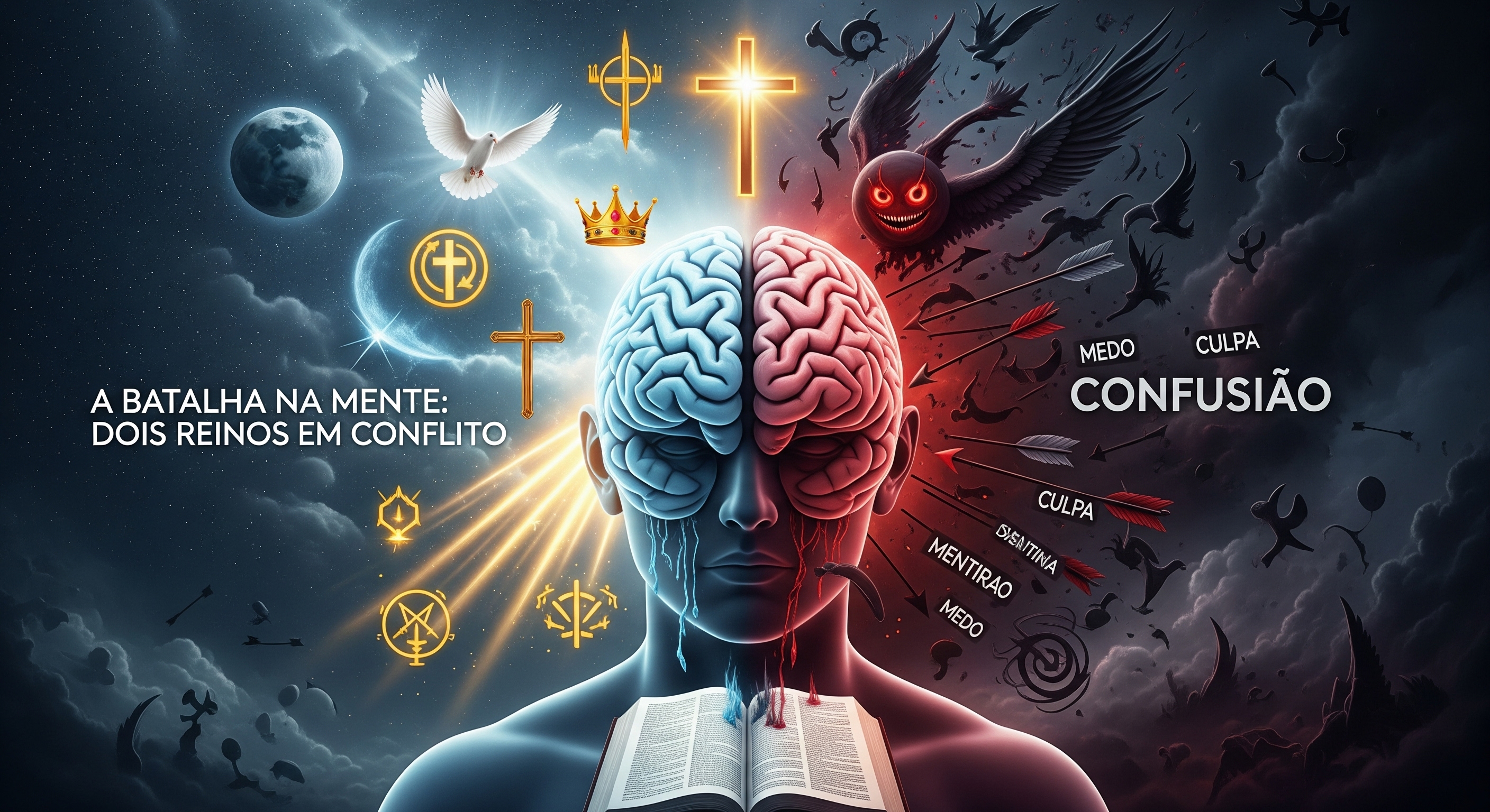 Imagem ilustrativa mostrando a batalha espiritual pela mente, com elementos do Reino de Deus de um lado (luz, cruz, pomba, Bíblia) e do reino das trevas do outro (escuridão, setas, culpa, confusão)