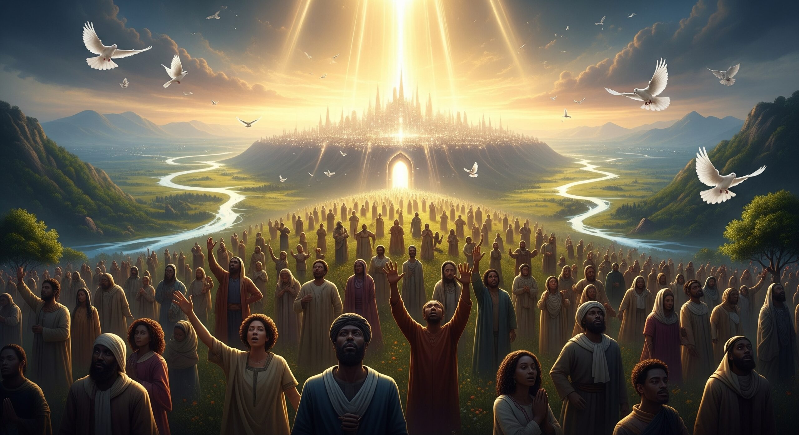 Cena celestial mostrando o Reino de Deus manifestado na Terra, com luz dourada do céu, povo em adoração, cidade resplandecente ao fundo e rios de águas vivas fluindo. Representação profética da pergunta: O que é o Reino de Deus?