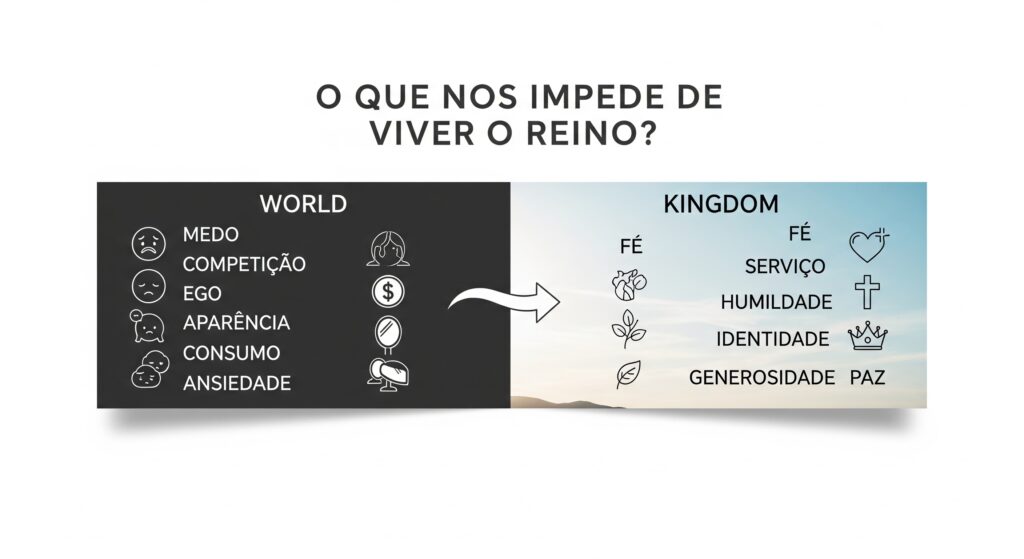 O Que Nos Impede: Comparação entre Mundo e Reino Mini banner comparando os valores do mundo e os valores do Reino de Deus, com setas de transição e elementos visuais. Ideal para ilustrar o tema "o que nos impede" de viver o Reino