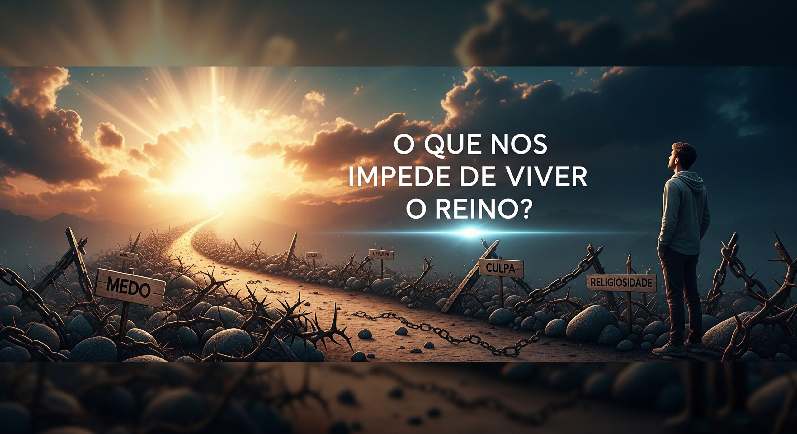Caminho com obstáculos como medo, culpa e religiosidade, bloqueando o avanço de um homem rumo à luz celestial, ilustrando o tema “o que nos impede de viver o Reino”
