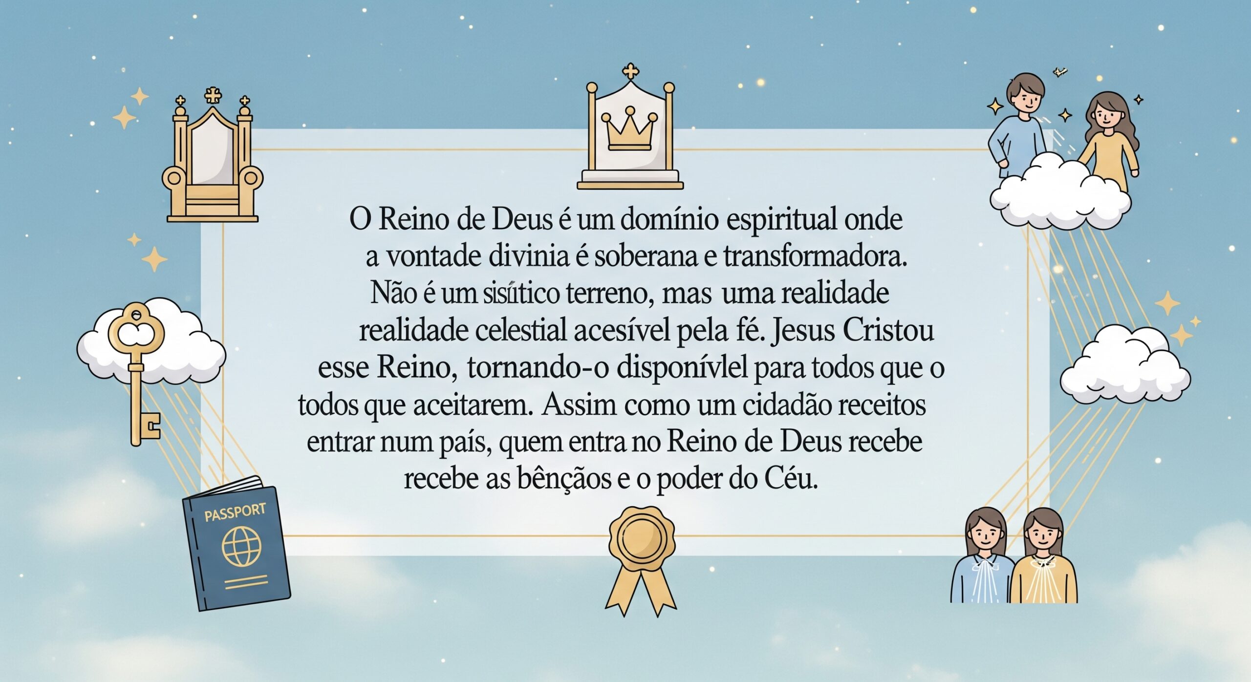 Banner ilustrado sobre o Reino de Deus como um domínio espiritual, com símbolos de autoridade celestial, fé, acesso e bênçãos para os cidadãos do Reino.