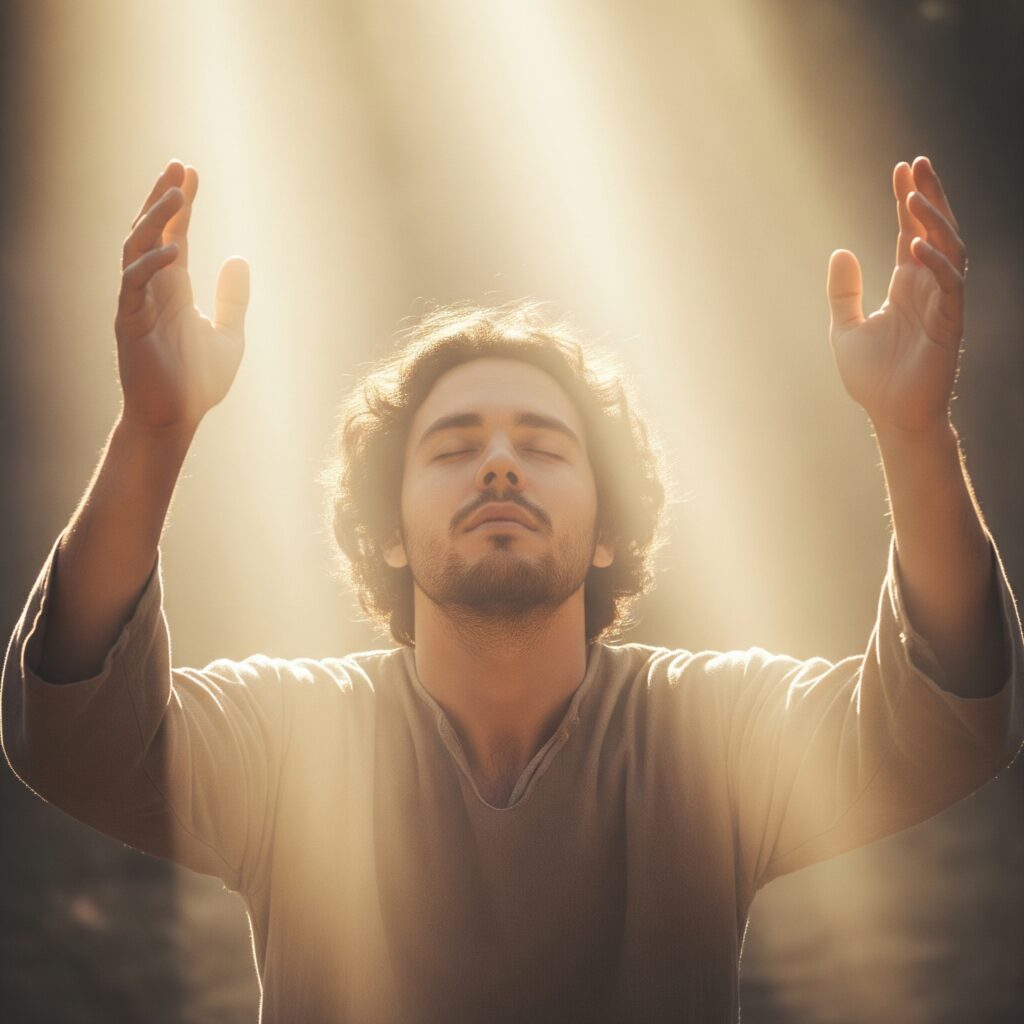 “Homem em oração recebendo luz divina, ativando o poder da fé”