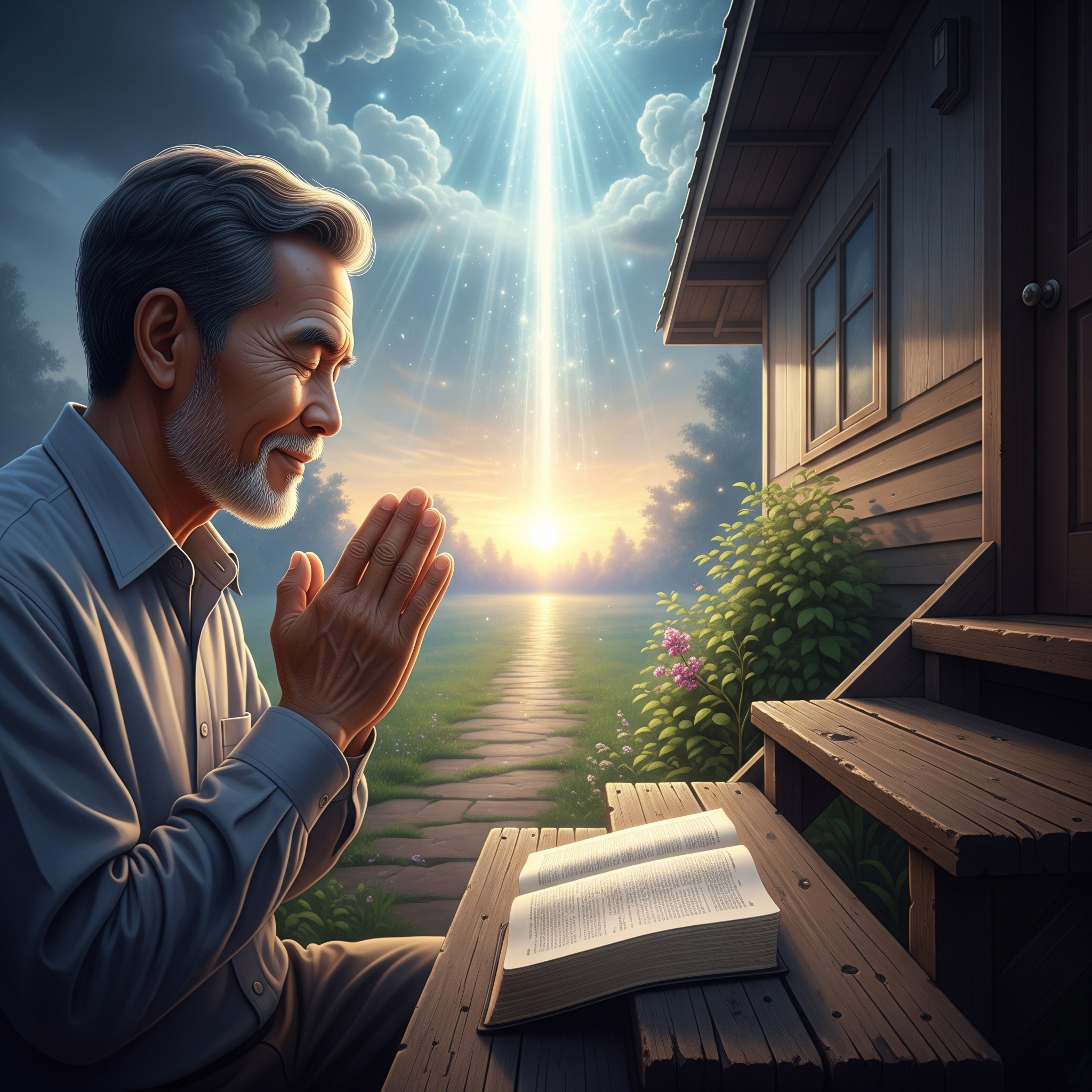Pessoa orando ao amanhecer com Bíblia aberta, raios de luz celestial e caminho iluminado ao fundo, representando os passos para buscar o Reino de Deus na vida diária.