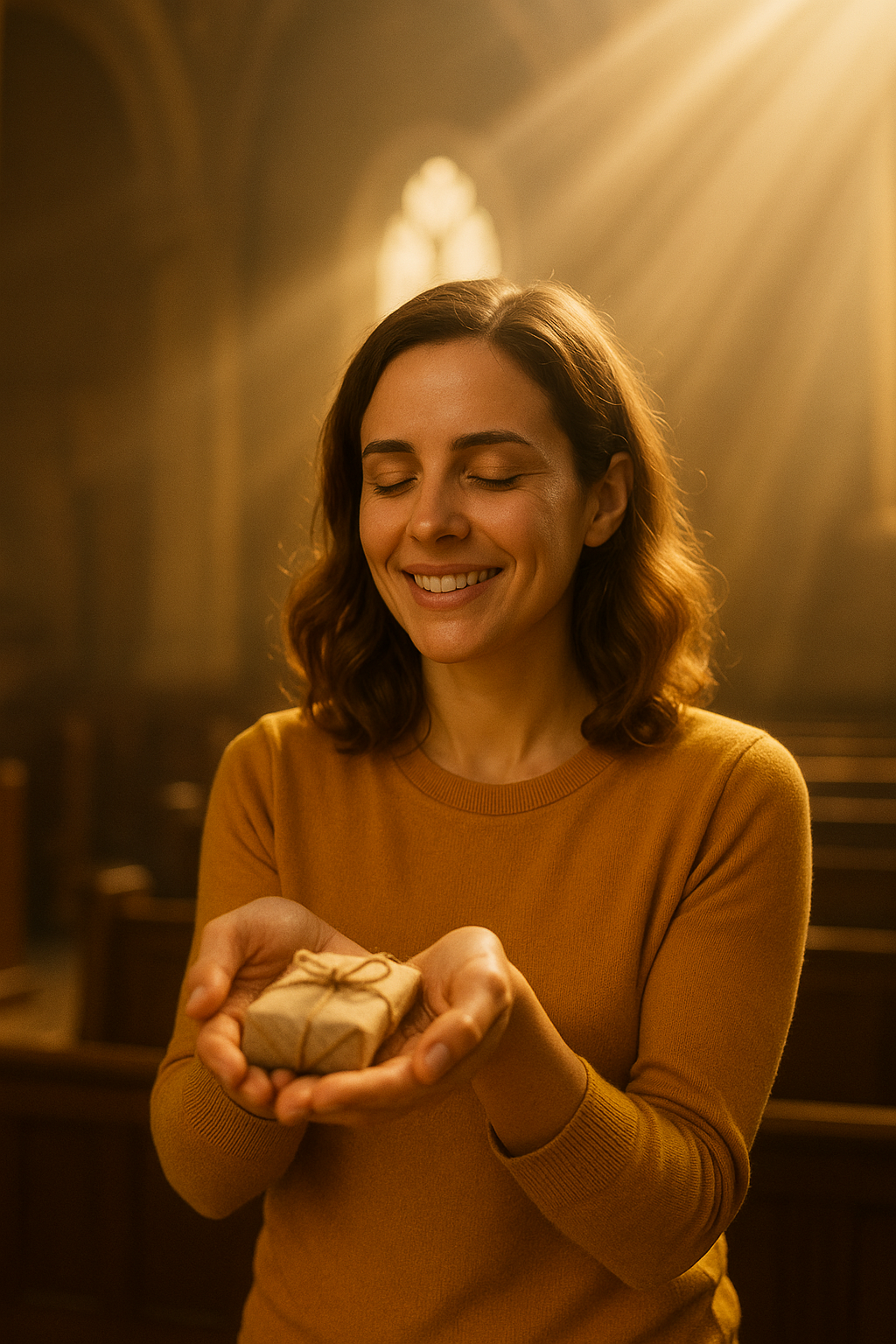 Mulher sorridente em um templo iluminado segurando um pequeno presente com as mãos estendidas, simbolizando gratidão e revelações sobre dízimos e ofertas no Reino de Deus