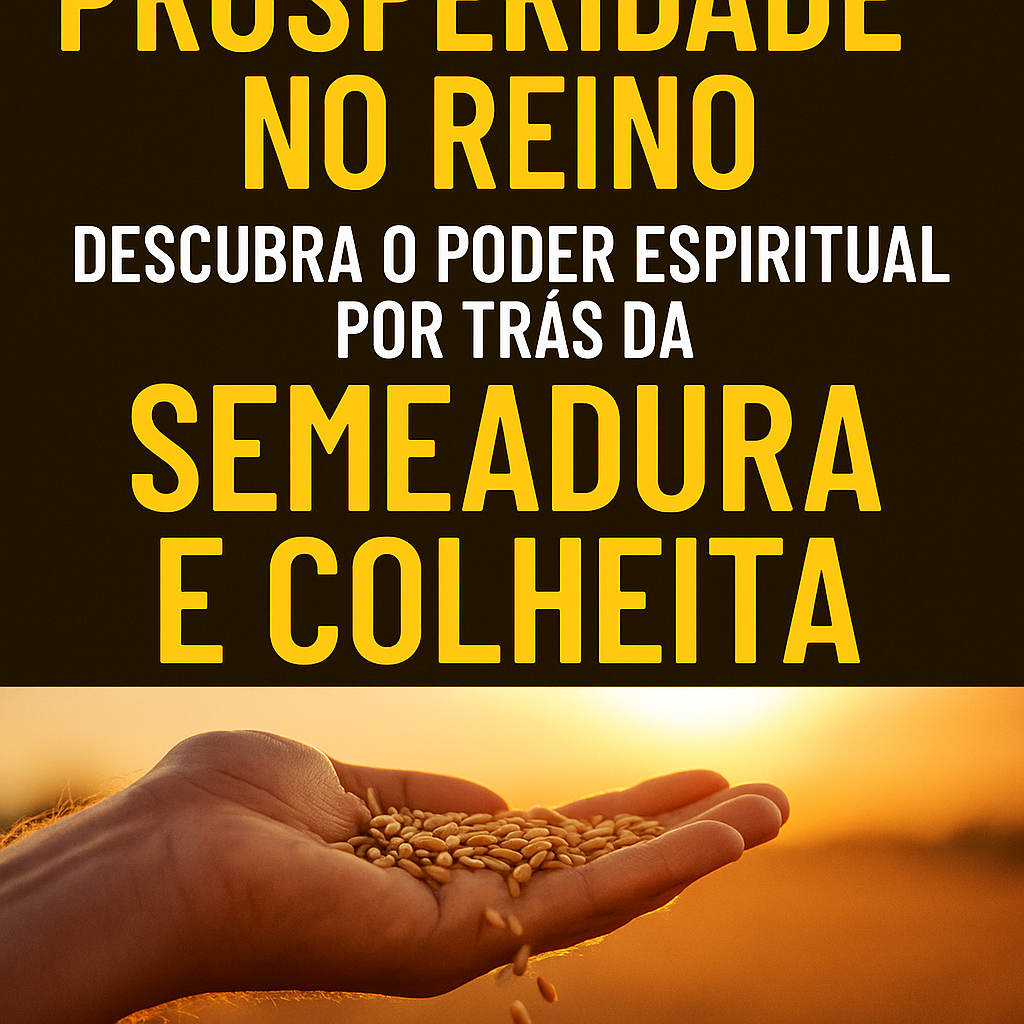 Miniatura digital com elementos espirituais, representando o princípio da semeadura e colheita no Reino de Deus, com luzes douradas e atmosfera celestial