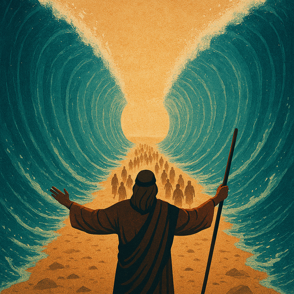Ilustração bíblica de Moisés abrindo o Mar Vermelho com o povo de Israel atravessando em segurança, representando um milagre poderoso operado por Deus.