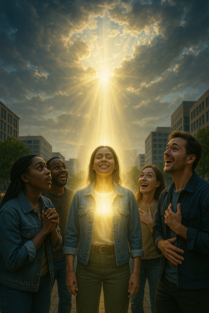 Grupo de pessoas emocionadas ao presenciar um milagre, com luz celestial brilhando sobre uma mulher no centro, representando a manifestação do Reino de Deus.