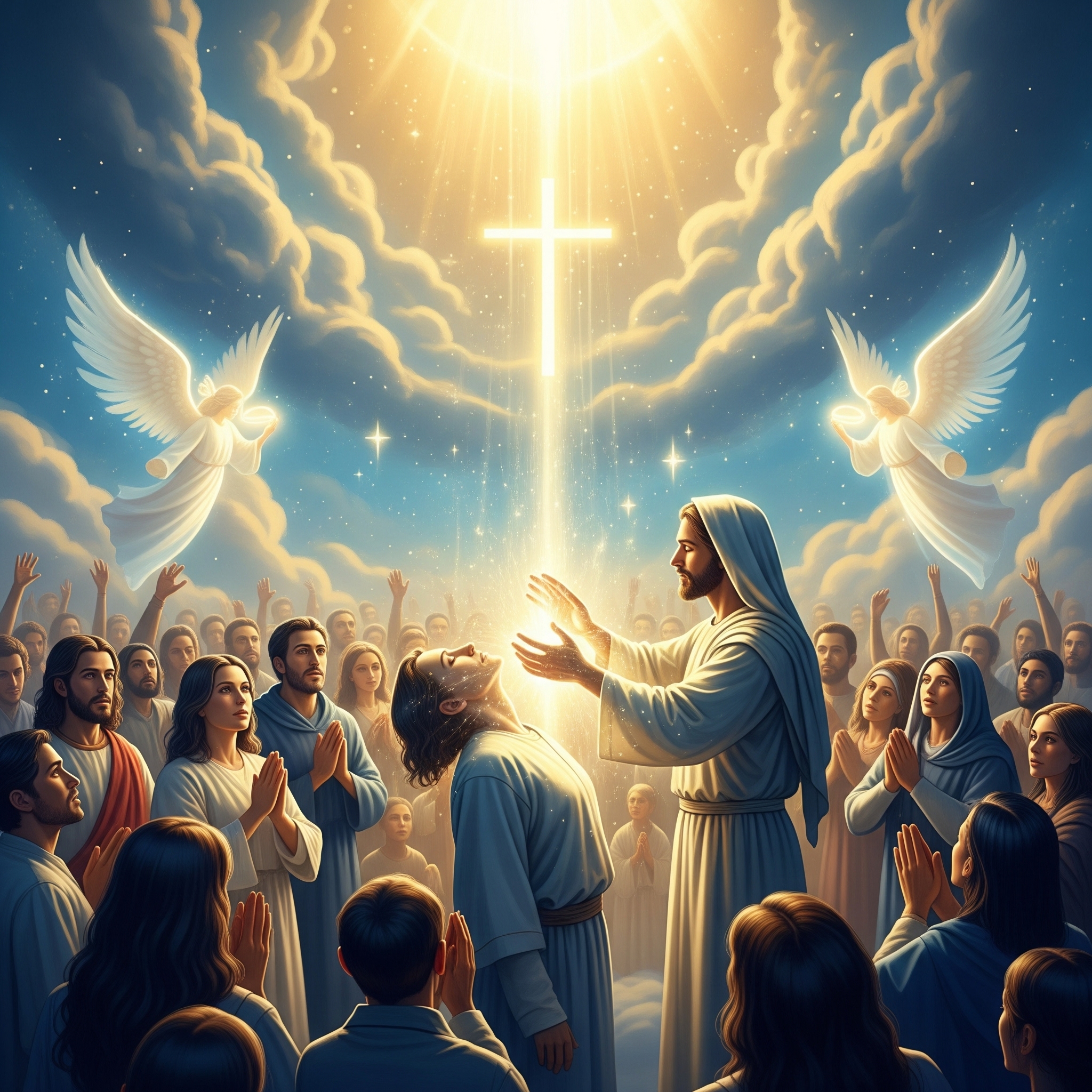 Milagres e maravilhas no Reino de Deus representados com cenas bíblicas e testemunhos contemporâneos de cura e transformação espiritual.