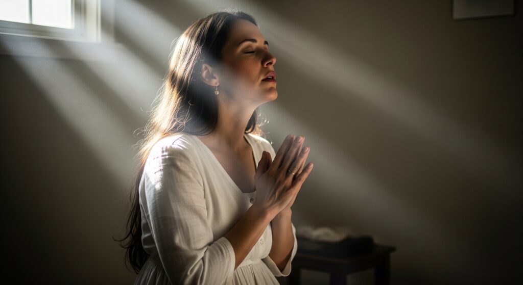 mulher orando feixe de luz presenca de deus Mulher orando com fé enquanto a luz celestial ilumina seu rosto, simbolizando a presença de Deus e os milagres do reino de DEUS.