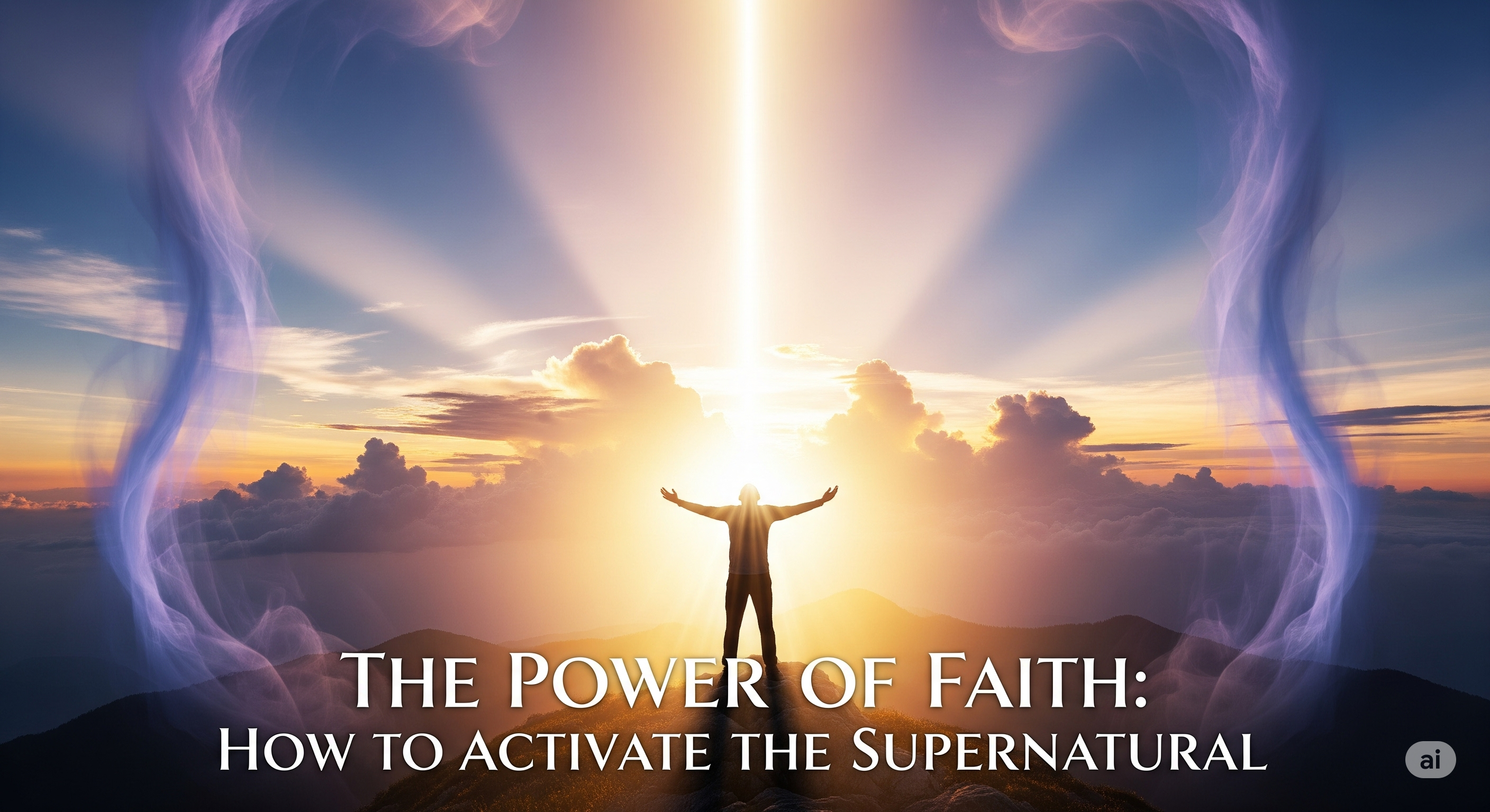 Imagem de capa representando o poder da fé ativando o sobrenatural, com luz celestial e figura orando com braços erguidos.Imagem de capa representando o poder da fé ativando o sobrenatural, com luz celestial e figura orando com braços erguidos.