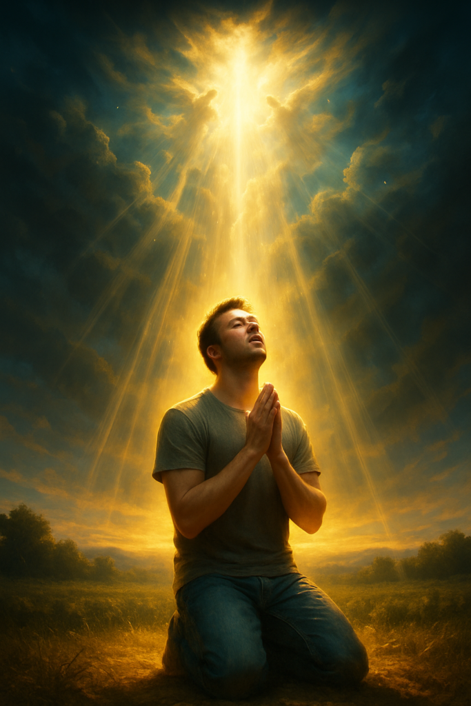 Homem em oração intensa sob o céu estrelado, ilustrando o mover dos céus em resposta à oração que move o céu.