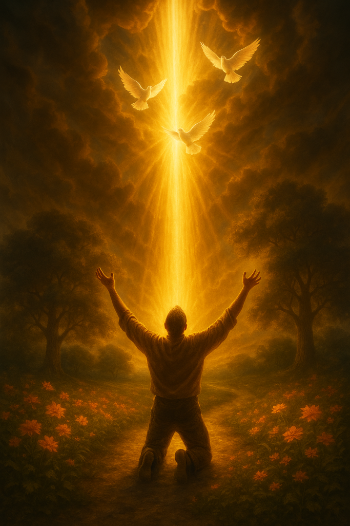Homem ajoelhado com os braços erguidos, iluminado por um raio dourado celestial, representando o poder da fé em conexão com o sobrenatural.