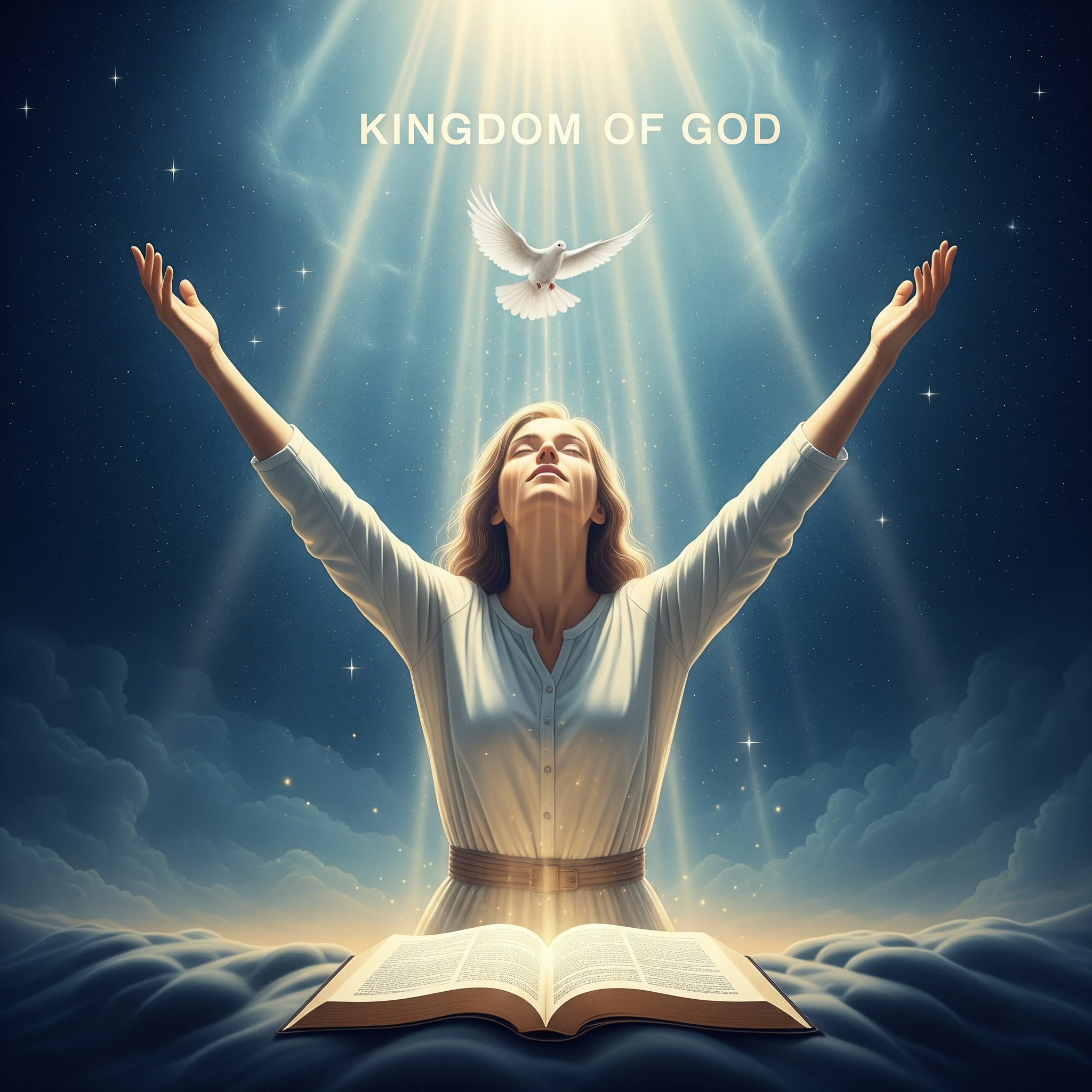 Pessoa em adoração com braços erguidos sob luz celestial dourada, representando o compromisso diário com o Reino de Deus.