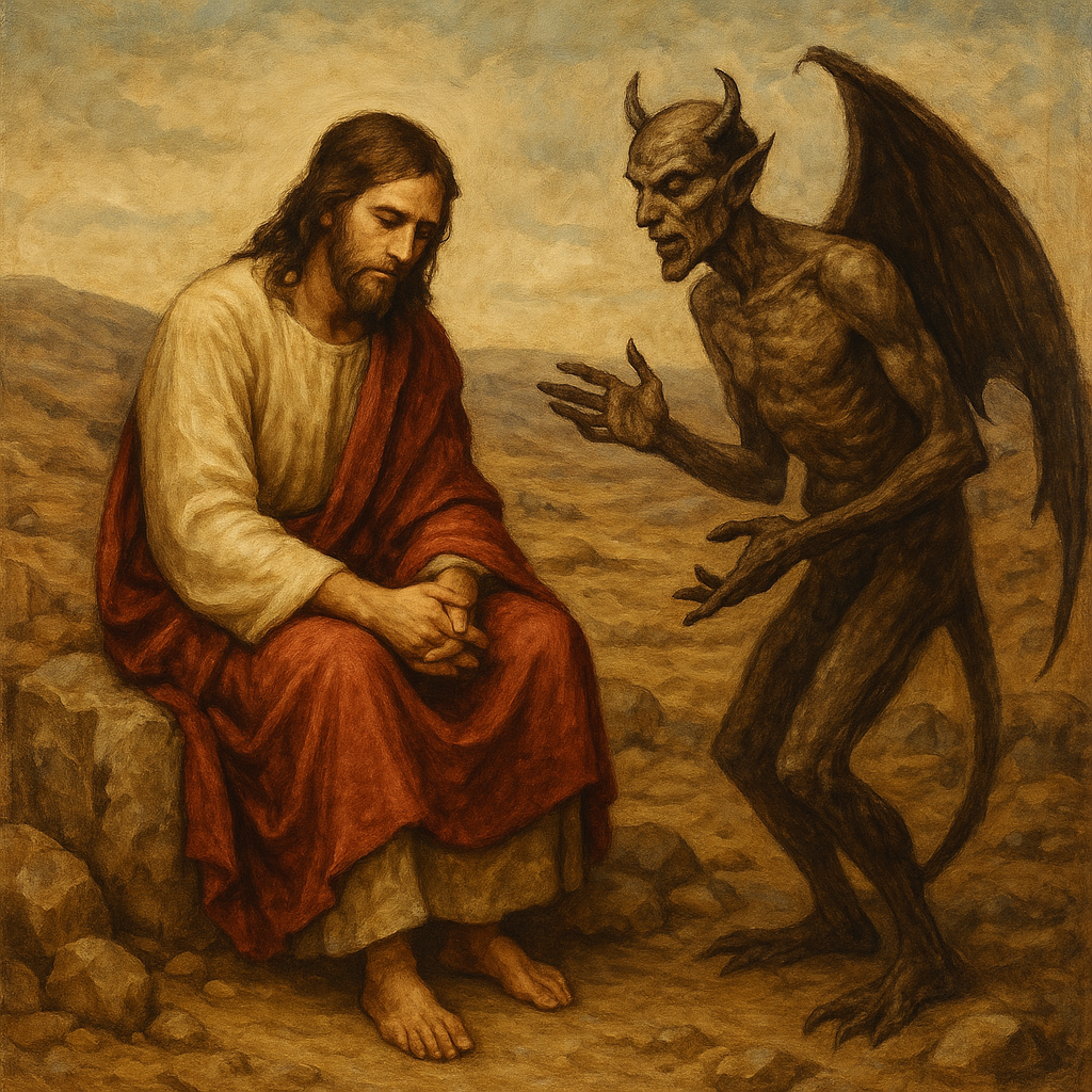 Tentação de Jesus no deserto ilustrando a autoridade do nome de Jesus diante de Satanás