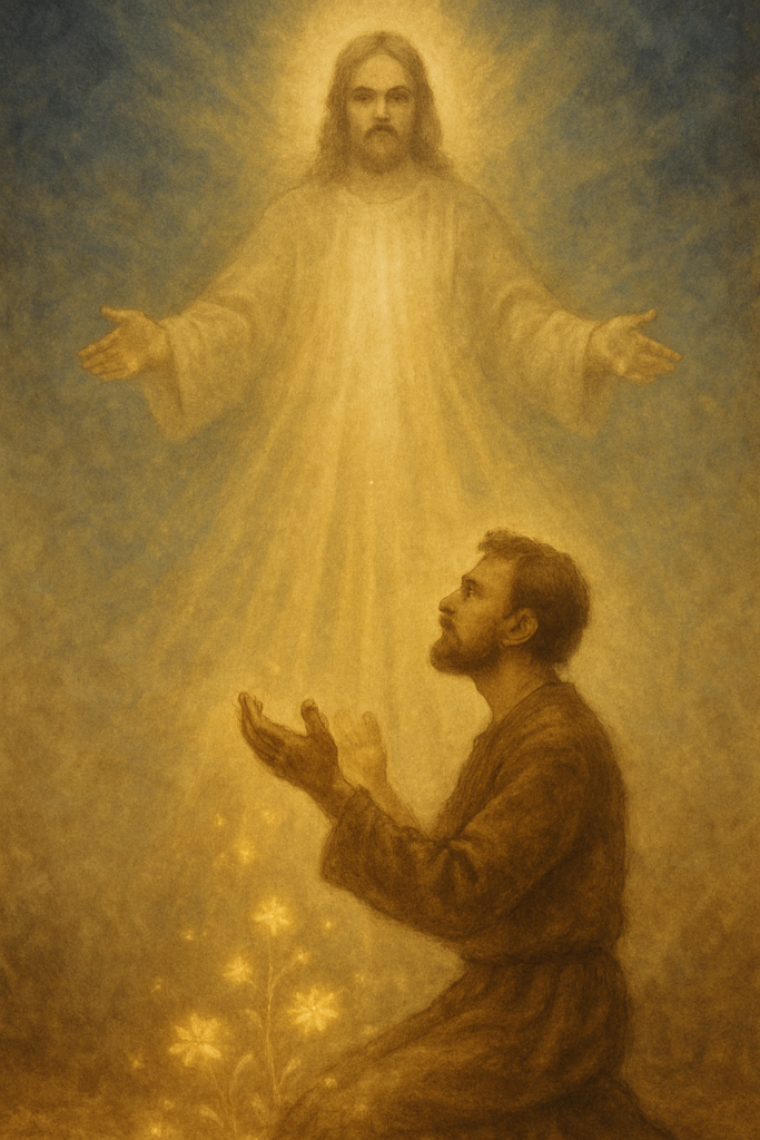 homem em oração recebe a manifestação sobrenatural de Jesus no Reino de Deus