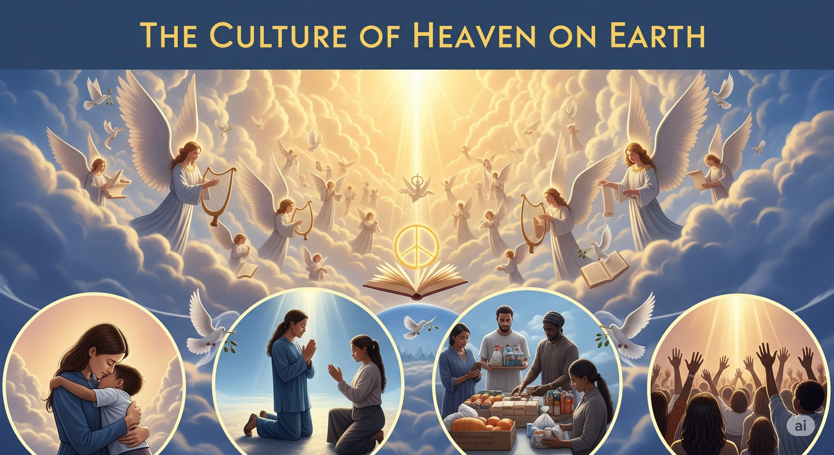 Imagem representando a cultura do céu na terra, com o céu tocando a humanidade com luz e valores espirituais