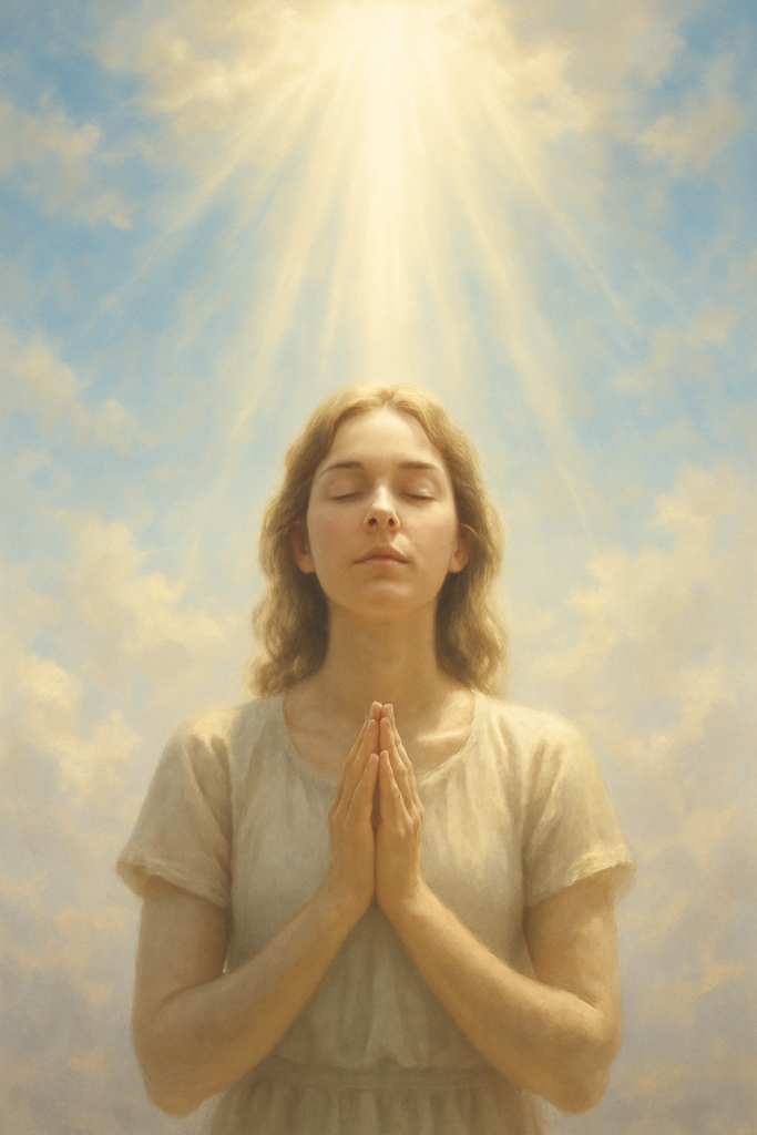 Mulher orando com as mãos unidas, olhos fechados e luz celestial sobre ela, simbolizando a cultura do Céu na Terra e a conexão espiritual com Deus.