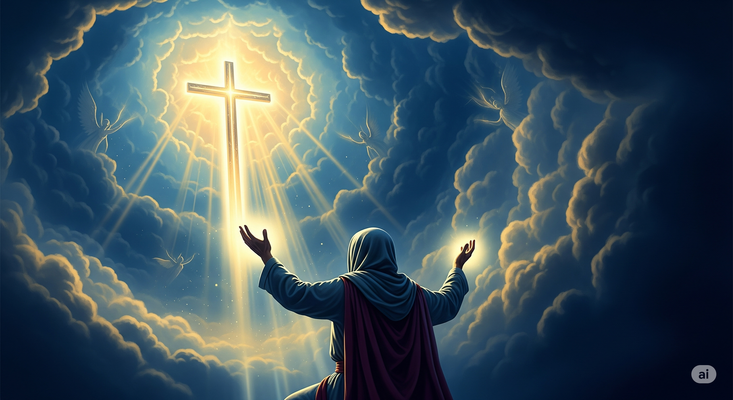 Imagem de uma pessoa orando sob luz celestial, representando a autoridade do nome de Jesus no Reino de Deus