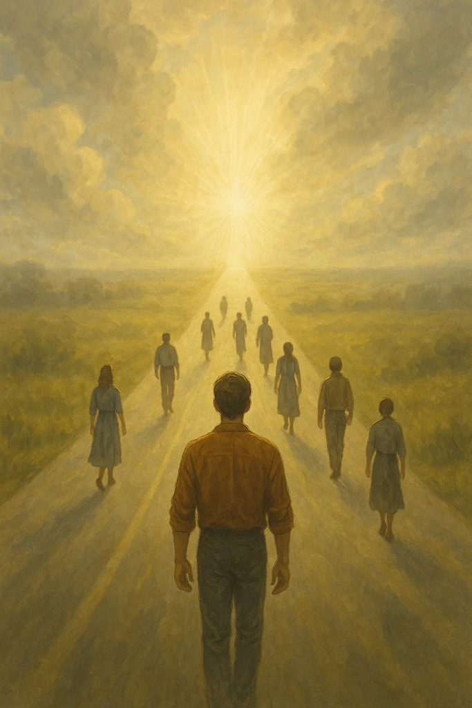 Pessoas caminhando por uma estrada iluminada em direção à luz celestial, simbolizando o tempo da preparação com unção, fé e virtudes do Espírito Santo