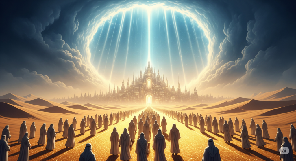 Imagem profética e inspiradora com pessoas marchando rumo a uma cidade celestial, representando o tempo da preparação e o cumprimento das promessas do Reino de Deus. Pessoas marchando em direção à luz celestial em um cenário profético, representando o tempo da preparação espiritual para o Reino de Deus
