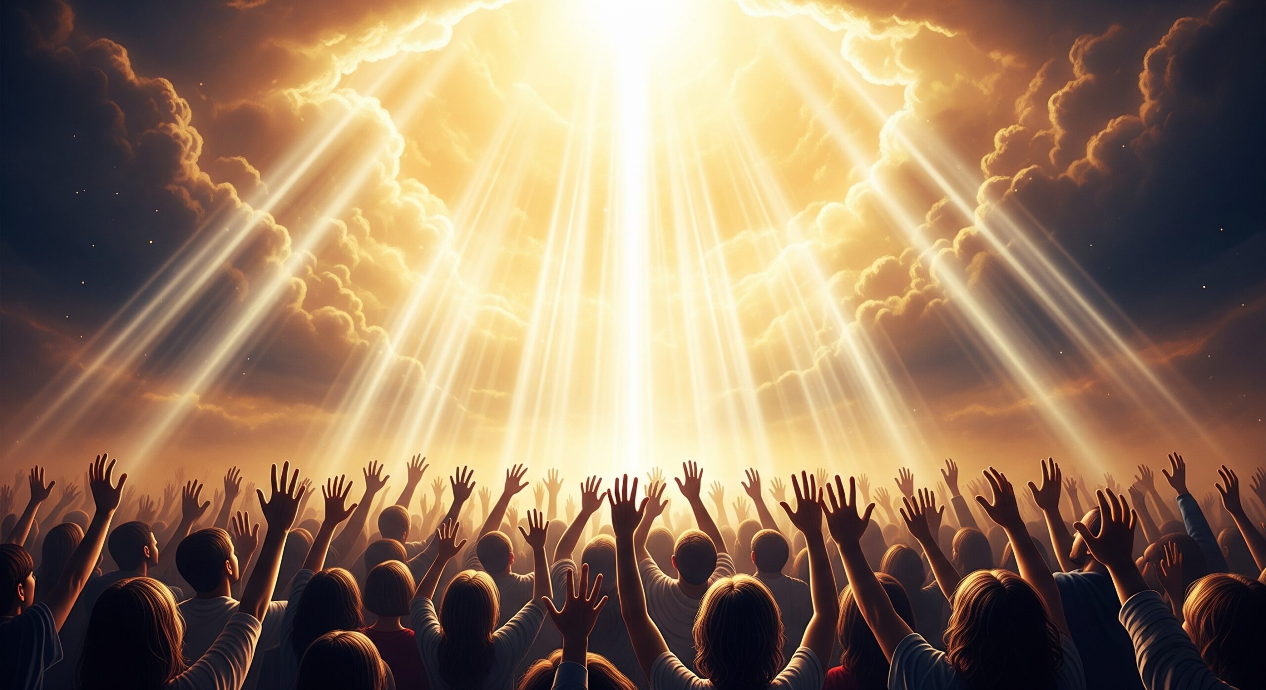 Chamada Profética – Entrega Total ao Reino de Deus Multidão com mãos erguidas sob luz celestial intensa, céu dourado se abrindo com glória divina – imagem profética de chamada à ação espiritual no Reino de Deus.
