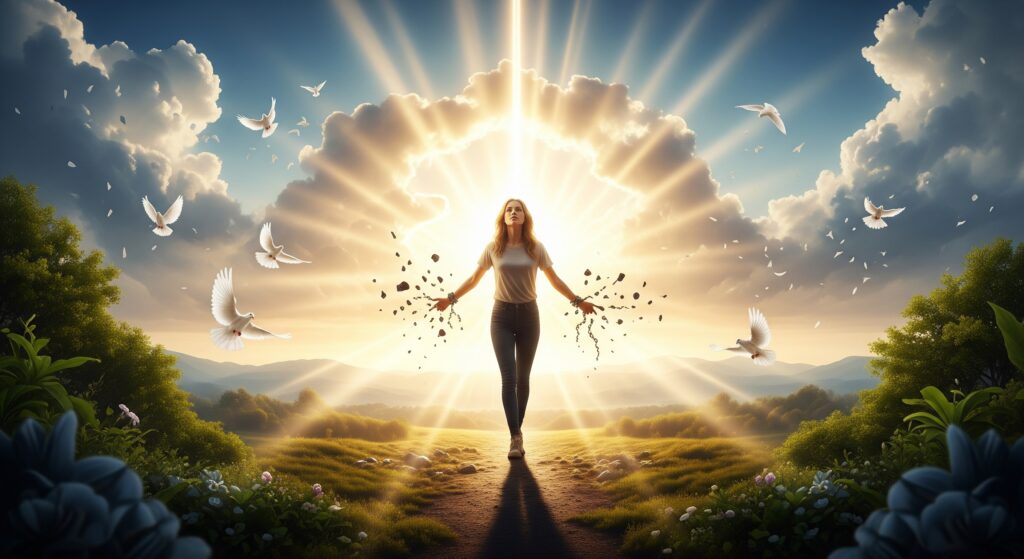 Libertação e Vida Plena em Cristo – O Reino Já Chegou Mulher livre caminhando com correntes quebradas nos braços, rodeada por luz divina e pombas brancas em um campo florido, simbolizando a revelação de que o Reino Já Chegou.