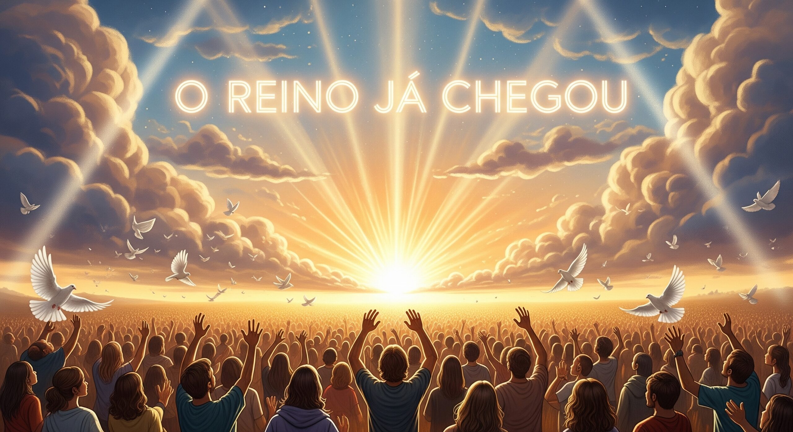 Imagem de capa celestial com céu aberto dourado, feixes de luz divina sobre a Terra e uma cidade reluzente simbolizando o Reino de Deus. Em primeiro plano, uma pessoa de braços erguidos em adoração. A frase 'O Reino Já Chegou' aparece no centro, transmitindo esperança e revelação espiritual. Ideal para banner profético