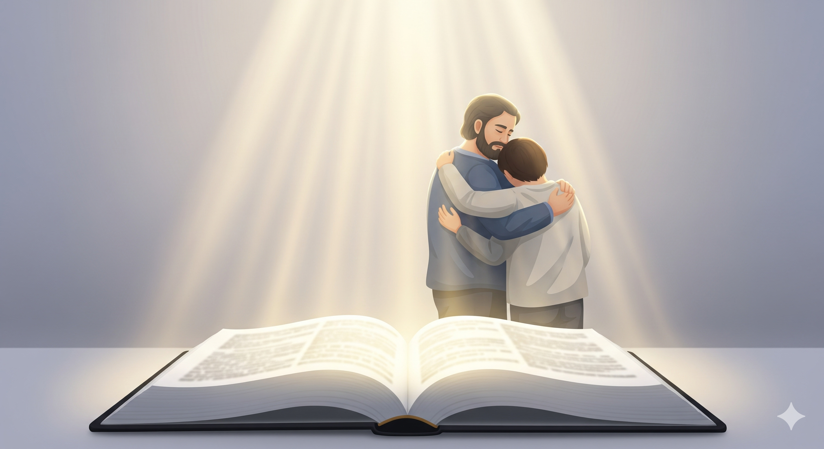 Capa do post Aprender a perdoar segundo a Bíblia, mostrando duas pessoas em reconciliação diante da luz divina e uma Bíblia aberta