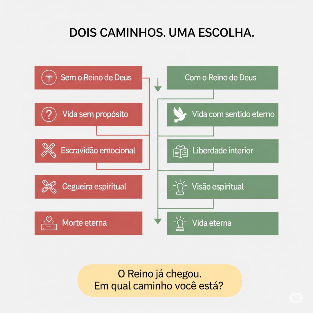 Fluxograma Espiritual: O Reino de Deus em Duas Realidades Fluxograma espiritual comparando a vida com e sem o Reino de Deus, mostrando duas escolhas com base nos princípios bíblicos