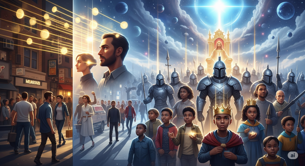 Representação do Reino de Deus invisível ao lado da vida terrena com filhos, soldados e o trono do Rei.