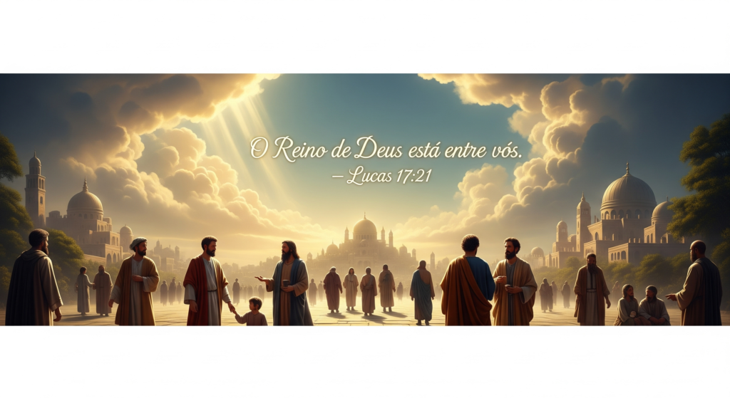 O Reino de Deus está entre vós – Banner inspirador Banner com o versículo O Reino de Deus está entre vós – Lucas 17:21 com imagem celestial sobre o reino luz divina