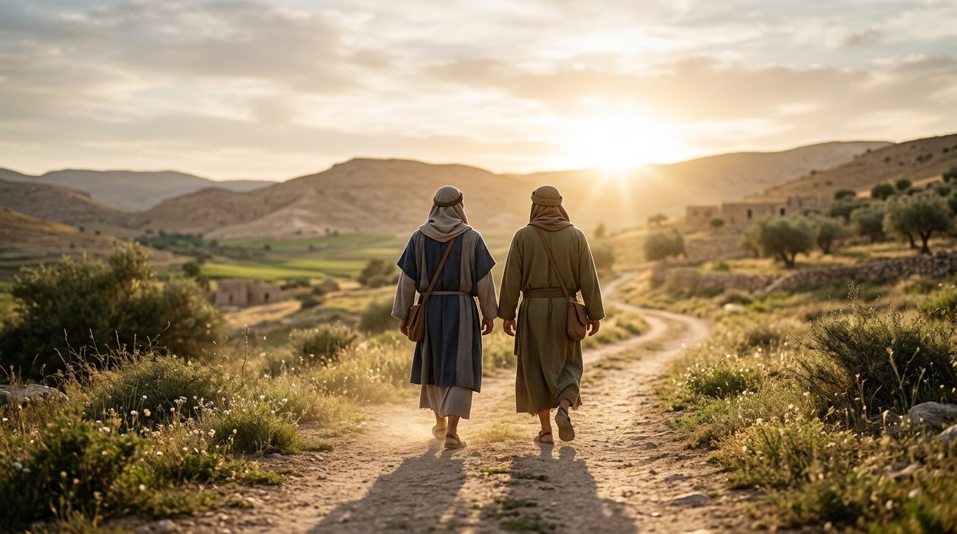 Duas pessoas caminhando juntas por um caminho em direção à luz