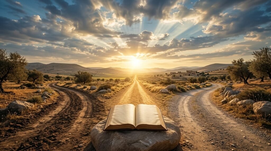 Dois caminhos se unem em direção à luz, representando acordo e unidade espiritual
